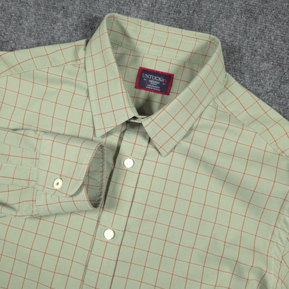 Untuckit Antinello  Shirt Mens M Olive Green Check Long Sleeve Button Up
